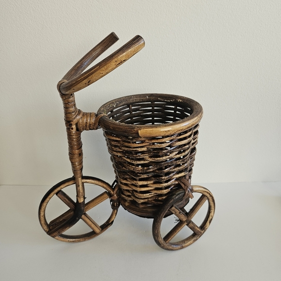 Vintage Bamboo & Wicker TRICYCLE Plant Stand Boho Decor Rattan Bike - Picture 1 of 8